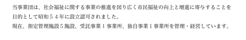 当事業団は、社会福祉に関する事業の推進を図り広く市民福祉の向上と増進に寄与することを目的として昭和５４年に設立認可されました。現在、指定管理施設５施設、受託施設２施設、独自事業１事業所を管理・経営しています。